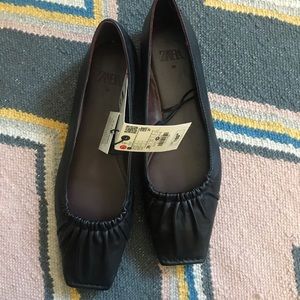 Zara square toe black leather ballet shoes NWT